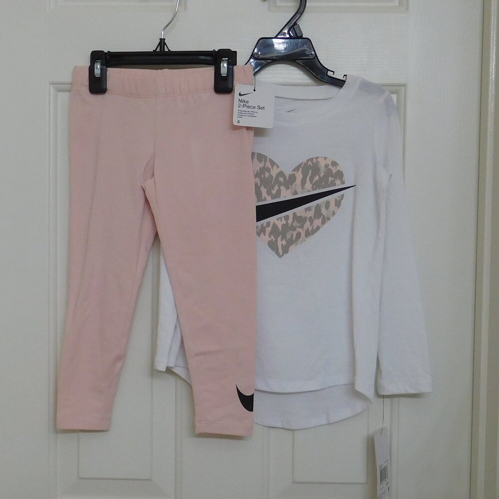 NWT 2pc Nike Soft Pink Gray Heart Logo Top & Pink Leggings Set sz 4